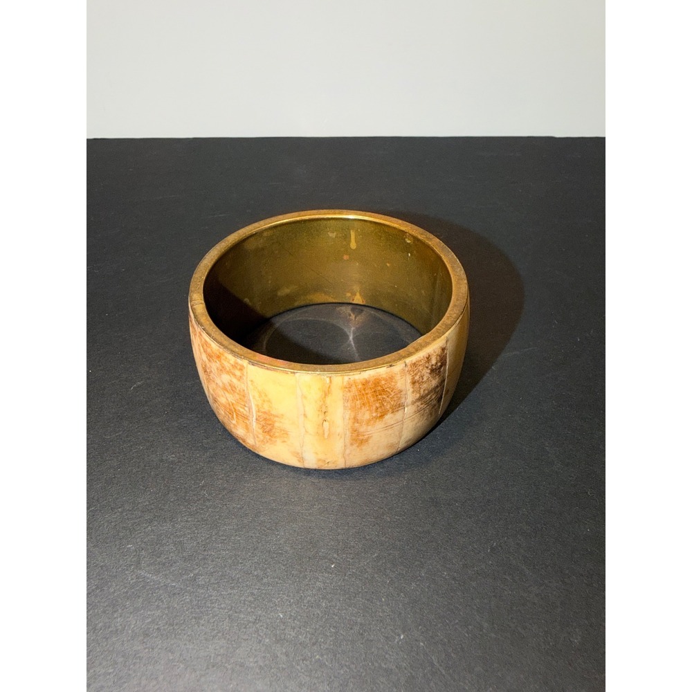 Vintage Paneled Bone Style Brass Wide Bangle Bracelet Cream Gold Boho Chunky